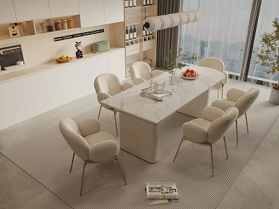 Modern Elegant Restaurant Interior With Marble Dining Table Beige Chairs And Scenic View 3d model