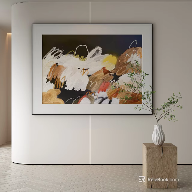 Abstract Painting Hanging On Wall With Green Plant In Vase On Wooden Base 3d model 