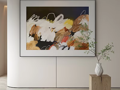 Abstract Painting Hanging On Wall With Green Plant In Vase On Wooden Base 3d model