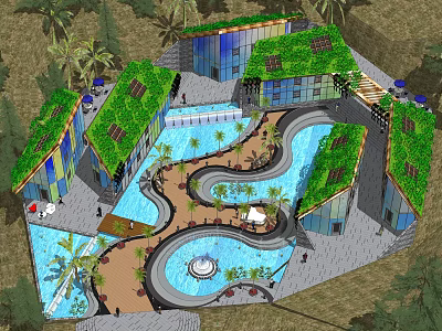 Modern Garden Landscape Design With Green Roofs Curved Water Pools Palm Trees And Fountain 3d model
