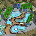 Modern Garden Landscape Design With Green Roofs Curved Water Pools Palm Trees And Fountain