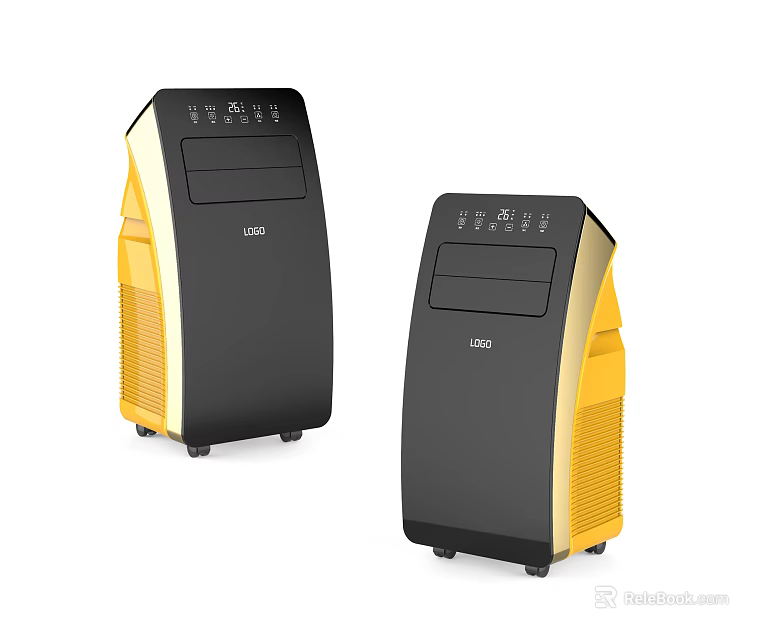 Modern Air Cooler Fan Featuring Black And Yellow Design With Mobile Wheels 3d model 