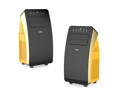 Modern Air Cooler Fan Featuring Black And Yellow Design With Mobile Wheels 3d model