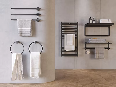 Bathroom Towel Display With Hanging Racks Folded Towels And Storage Shelves 3d model