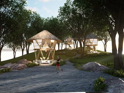 Natural Wooden Gazebo Structure In Woodland Area With Jogging Path And Greenery 3d model