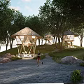 Natural Wooden Gazebo Structure In Woodland Area With Jogging Path And Greenery