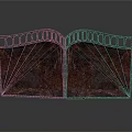 Architectural Symmetrical Metal Structure Featuring Curved Top Openwork Design And Red Black Mottled Texture