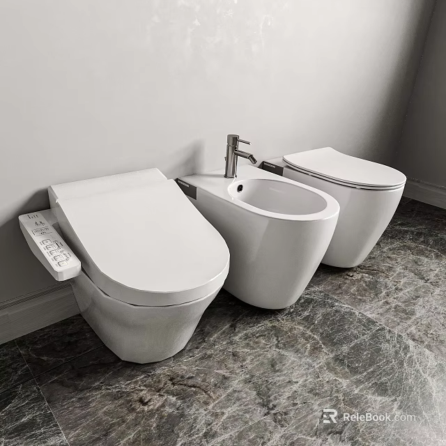Modern White Wall Mounted Toilets in Bathroom with Marble Floor Design 3d model 