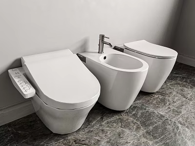 Modern White Wall Mounted Toilets in Bathroom with Marble Floor Design 3d model