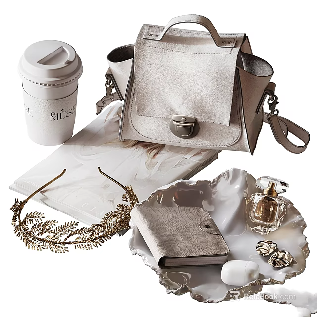 Elegant Decorative Accessory Collection With Coffee Cup Mini Bag Gold Headband Perfume Bottle And Tray 3d model 