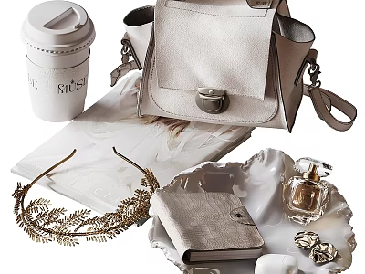 Elegant Decorative Accessory Collection With Coffee Cup Mini Bag Gold Headband Perfume Bottle And Tray 3d model