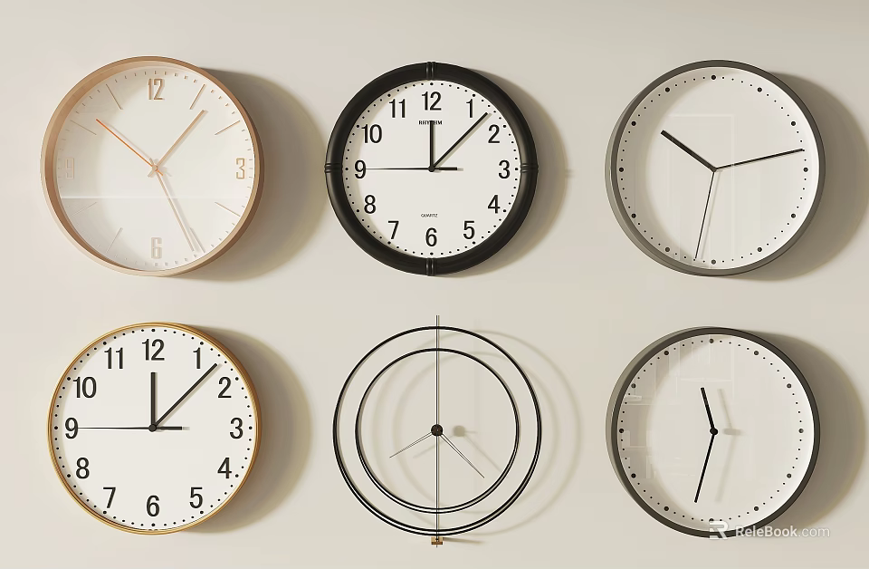 Various Modern Wall Clocks With Different Design Frames And Dials 3d model 