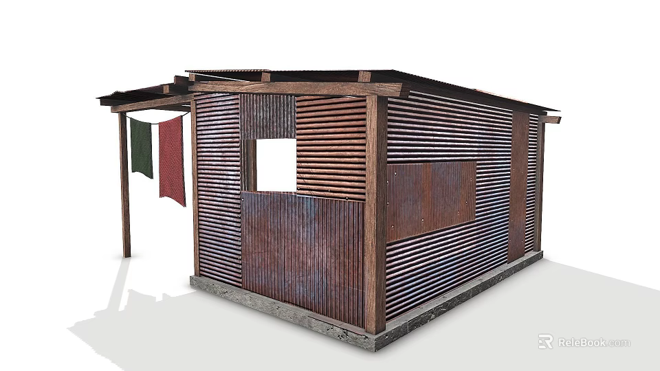 Construction Site Temporary Building With Metal Sheets Wooden Frames Louvered Panels And Flag 3d model 