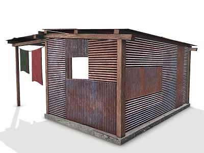 Construction Site Temporary Building With Metal Sheets Wooden Frames Louvered Panels And Flag 3d model