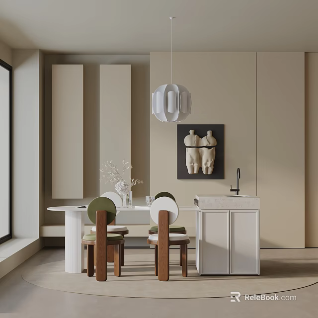 Modern Dining Table Set With Chairs Pendant Light Cabinet And Decorative Artwork Interior 3d model