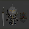 Silver Armored Character With Glowing Orange Eyes Beside Sword And Shield Featuring Red Gem