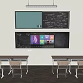 Classroom Interior With Dual Blackboards Desks Chairs And Teaching Charts
