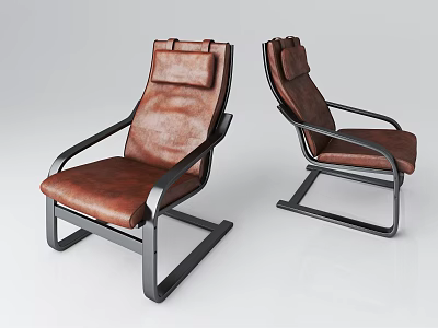 Stylish Single Sofa with Brown Leather Upholstery and Black Metal Frame 3d model