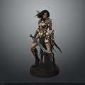 Fantasy Female Warrior Statue With Golden Armor And Dual Swords On Black Base