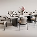 Modern Dining Table Set With Chairs Tableware and Flower Vase Decoration 3d model
