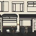 Various Window Types And Modern Storefront With Awnings Cozy Seating And Furniture