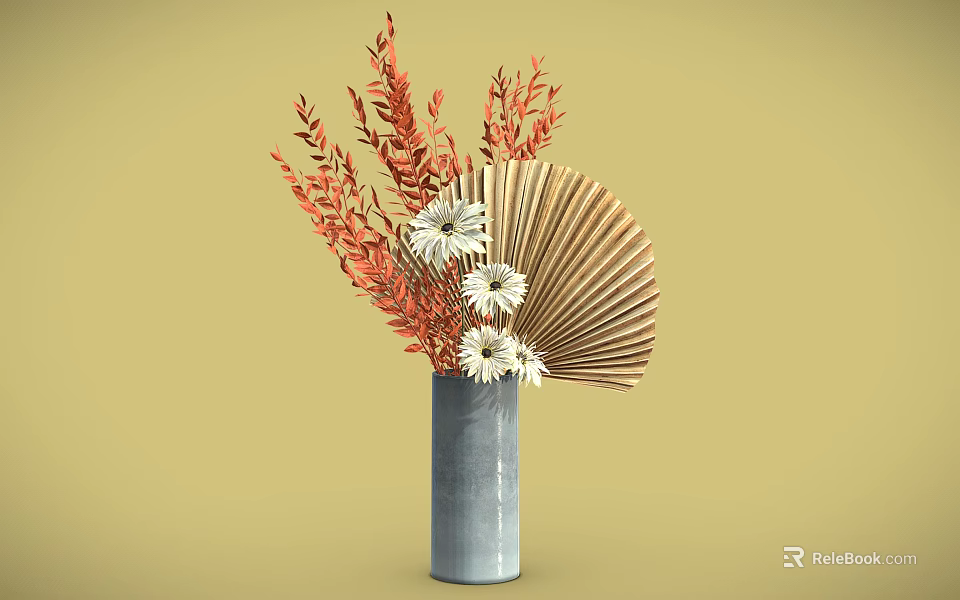 Gray Vase With Orange Leaves White Daisies And Fan Decoration On Yellow Background 3d model 