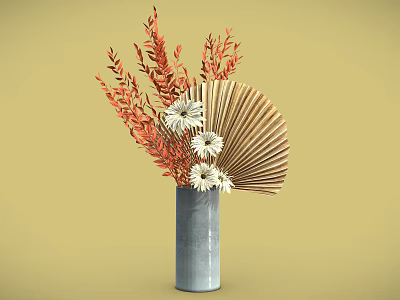 Gray Vase With Orange Leaves White Daisies And Fan Decoration On Yellow Background 3d model