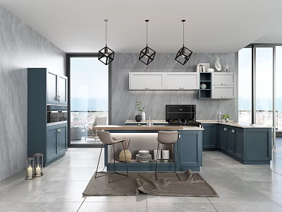 Modern Kitchen Interior Design With Blue Cabinets Island Counter And Pendant Lights 3d model
