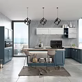 Modern Kitchen Interior Design With Blue Cabinets Island Counter And Pendant Lights