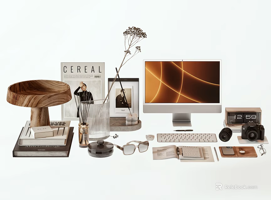 Modern Desk Workspace With Cereal Magazine Frames Computer Camera Glasses And Dried Flowers 3d model 