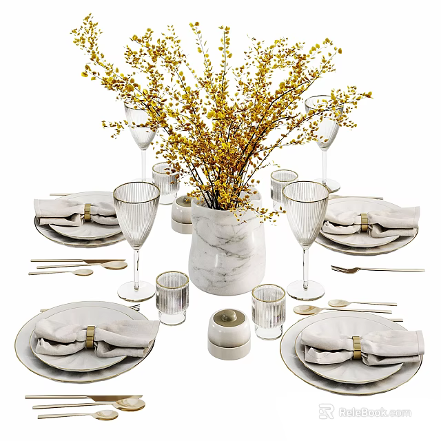 Elegant Dinnerware Set With Plates Napkins Wine Glasses Marble Vase Golden Accents And Candle Holders 3d model 