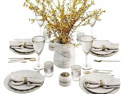 Elegant Dinnerware Set With Plates Napkins Wine Glasses Marble Vase Golden Accents And Candle Holders 3d model