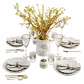 Elegant Dinnerware Set With Plates Napkins Wine Glasses Marble Vase Golden Accents And Candle Holders