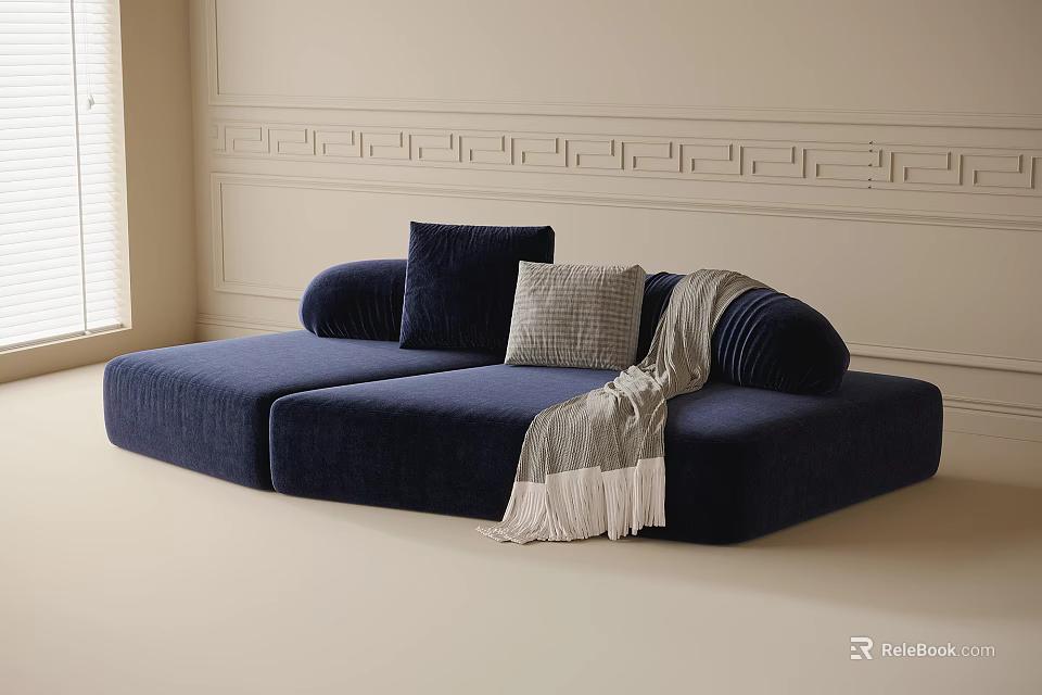 Navy Blue Modular Sofa Featuring Decorative Pillows Striped Blanket in Light Wall with Window Blinds 3d model