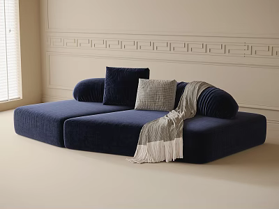 Navy Blue Modular Sofa Featuring Decorative Pillows Striped Blanket in Light Wall with Window Blinds 3d model