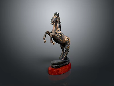 Artistic Bronze Rearing Horse Statue On Red Wooden Base Display Decoration 3d model
