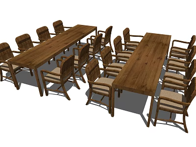 Rustic Wooden Dining Table Set With Rectangular Tables And Multiple Chairs 3d model