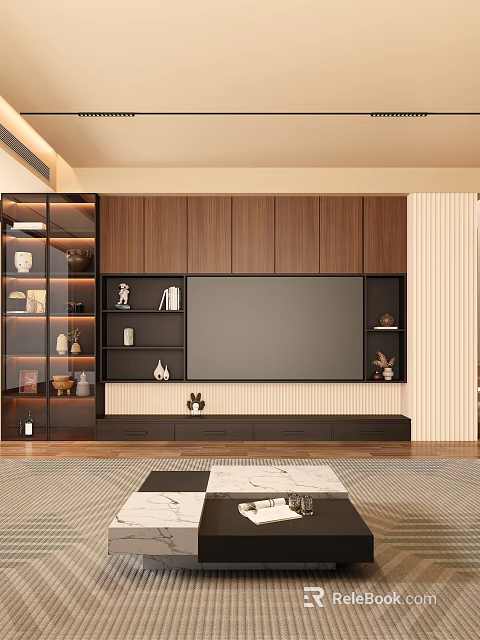 Modern Wooden TV Wall Unit With Glass Door Storage Shelves And Central TV Panel 3d model 