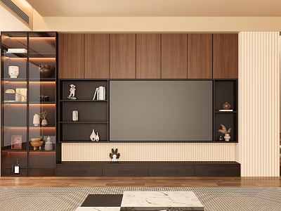 Modern Wooden TV Wall Unit With Glass Door Storage Shelves And Central TV Panel 3d model