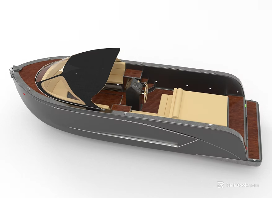 Sleek Modern Leisure Boat With Black Canopy Beige Seats And Wooden Deck 3d model 