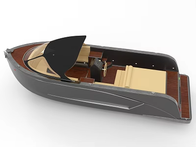 Sleek Modern Leisure Boat With Black Canopy Beige Seats And Wooden Deck 3d model