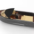 Sleek Modern Leisure Boat With Black Canopy Beige Seats And Wooden Deck