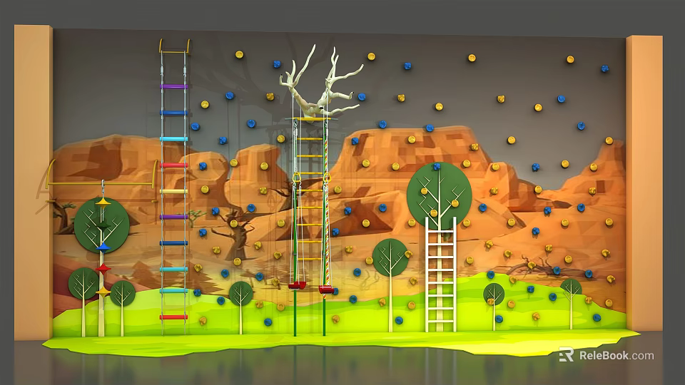 Indoor Sports Equipment Featuring Climbing Wall With Colorful Holds Ladders And Tree Rockery Background 3d model 