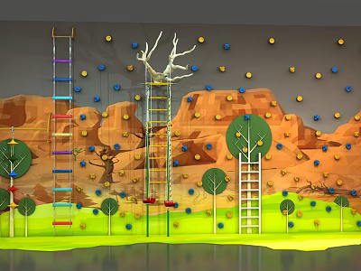 Indoor Sports Equipment Featuring Climbing Wall With Colorful Holds Ladders And Tree Rockery Background 3d model
