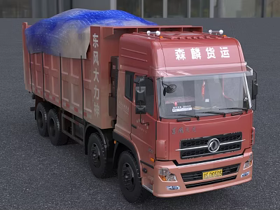 Red Dongfeng Daliu Dump Truck With Blue Tarpaulin And Senfeng Freight Logo 3d model