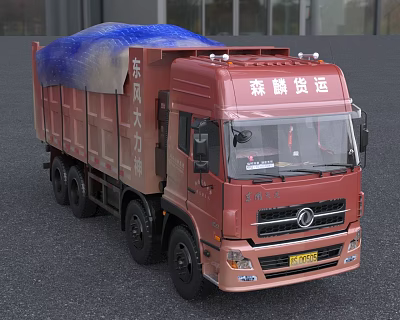Red Dongfeng Daliu Dump Truck With Blue Tarpaulin And Senfeng Freight Logo 3d model