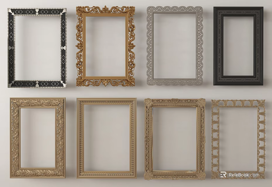 Assorted Picture Frames With Ornate Carved Details Gold Black Silver And Classic Modern Designs 3d model 