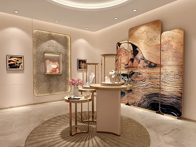 Elegant Modern Tea House Interior With Artwork Marble Decor And Tea Sets 3d model