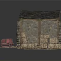Rustic Stone Wood Shed Building With Black Roof Hay Bales And Red Cart