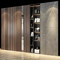 Modern Home Interior Storage Shelf With Books Decorations Wooden And Stone Wall Panels